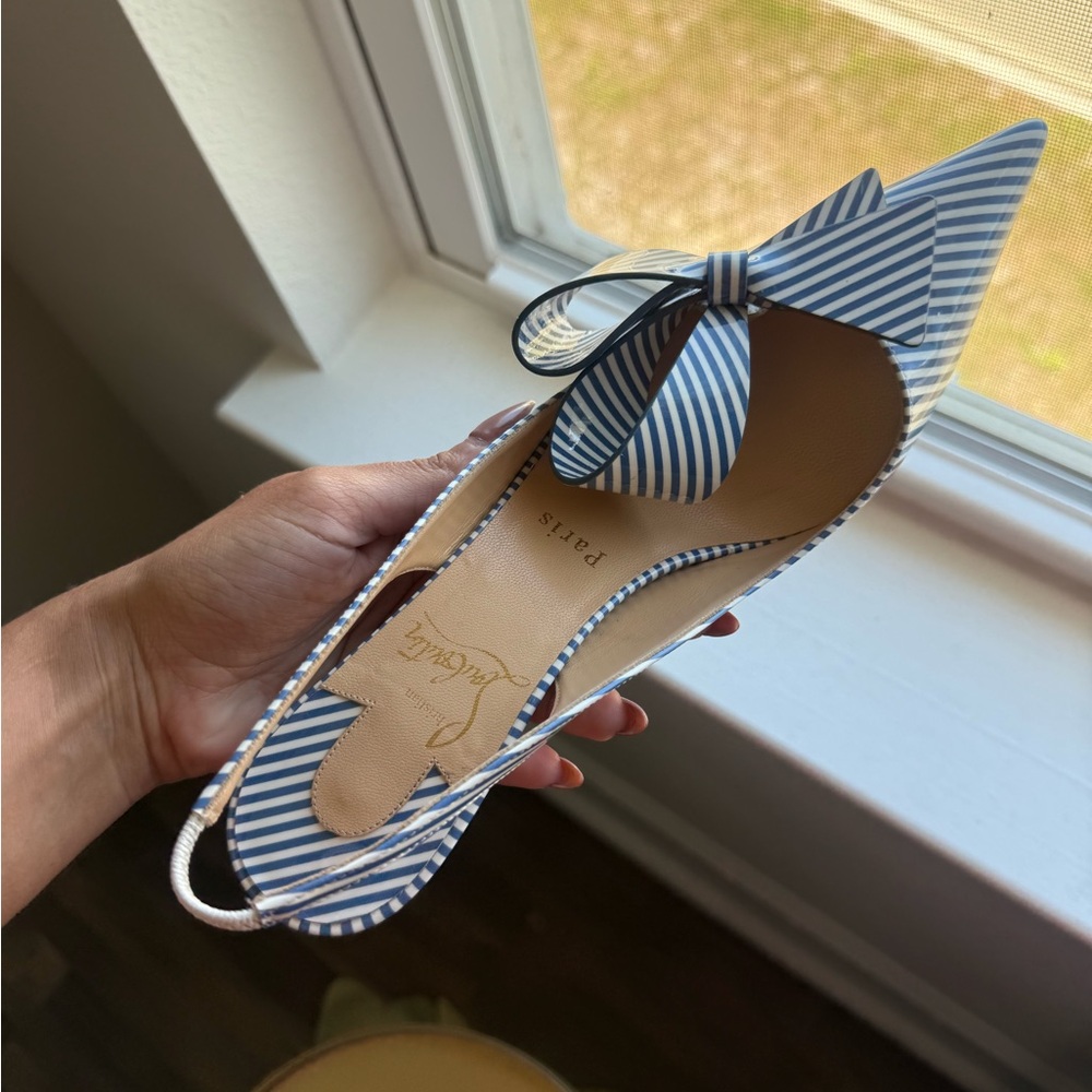 Christian Louboutin Blue/White Striped Bow Slingback Heels AUTHENTIC sz 37 (6/7) - Picture 10 of 11